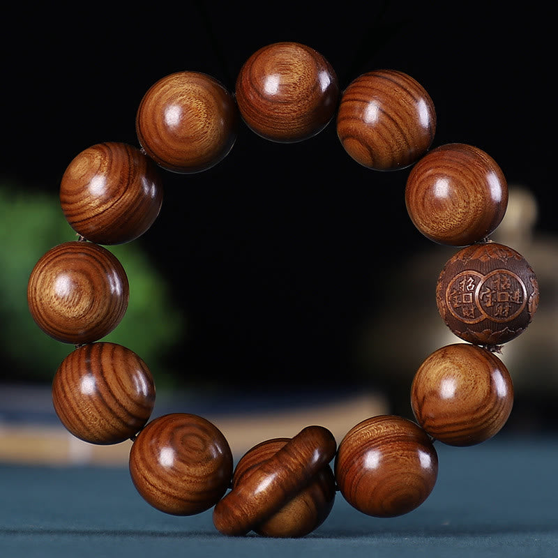 Chinesisches Sternzeichen-Armband aus Rosenholz mit geschnitzter Kupfermünze für Ruhe