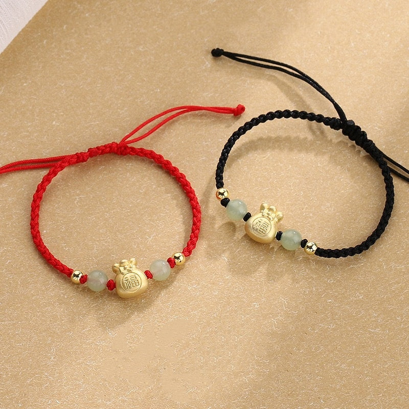 Fu Charakter Glücksbringer Jade Perle geflochten Unisex Armband