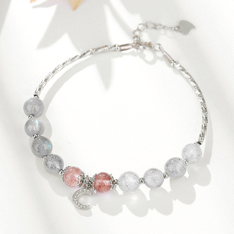 Strawberry Quartz & Moonstone Luck Moon Charm Bracelet