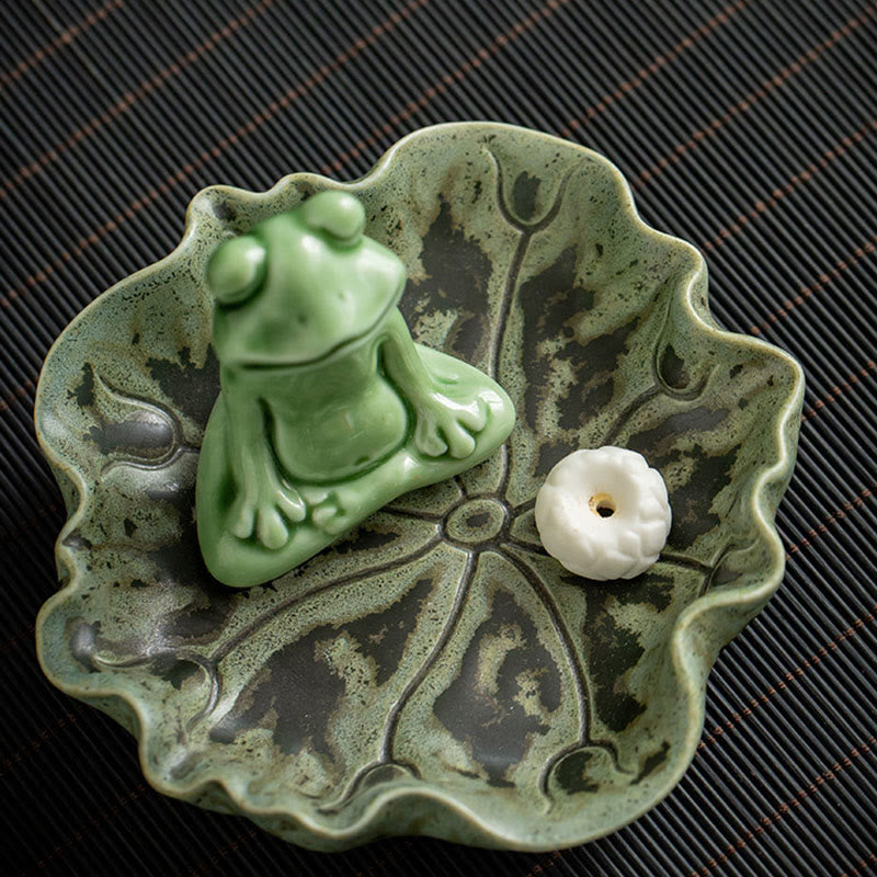 Ceramic Incense Burner | Lotus Leaf Meditation Frog 11cm
