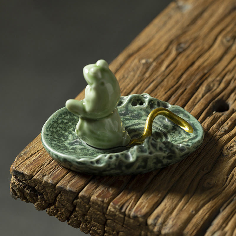 Ceramic Incense Burner | Lotus Leaf Meditation Frog 11cm