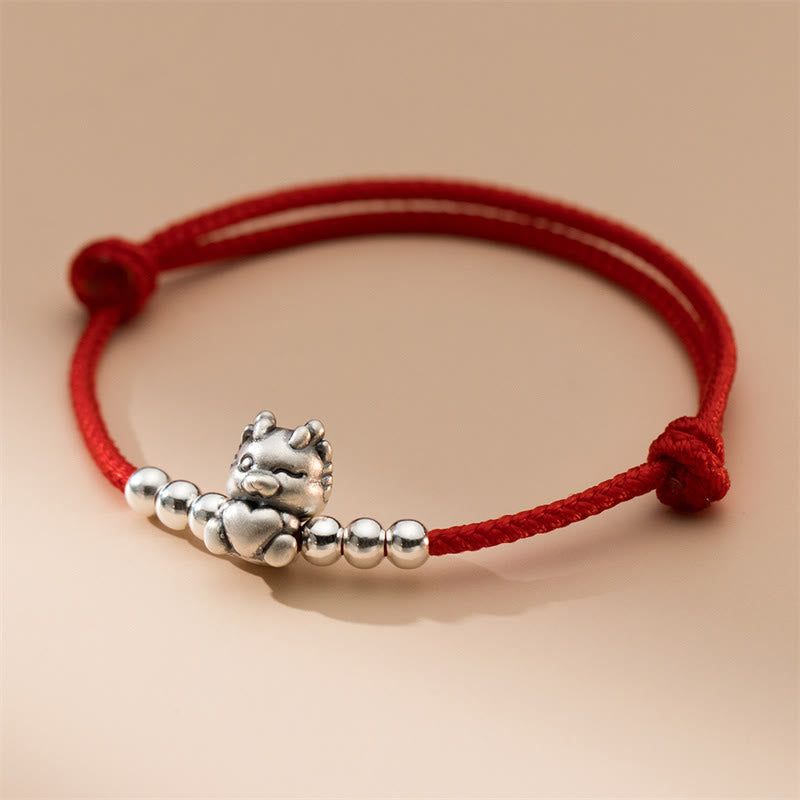 23 cm großes Sterlingsilber-Armband mit Drachenglück und roter Schnur