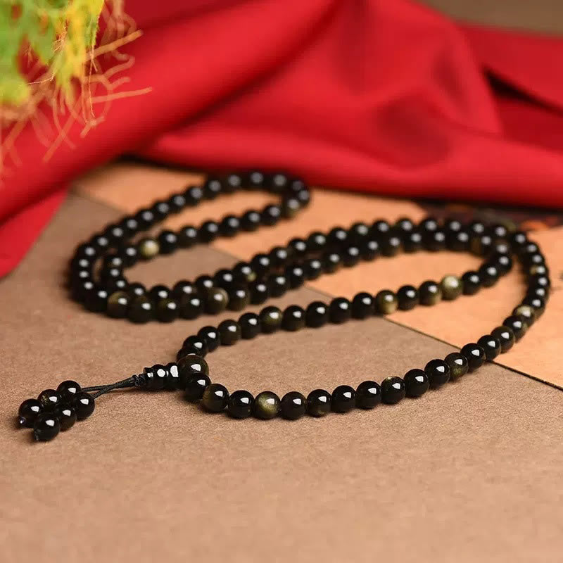 Goldschimmerndes Obsidian-Reichtums-Mala-Armband mit 108 Perlen