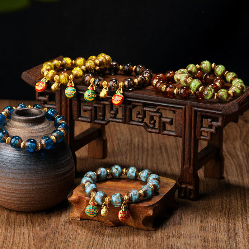 Gold Swallowing Beast Liuli Glass Bead Spiritual Bracelet 12mm