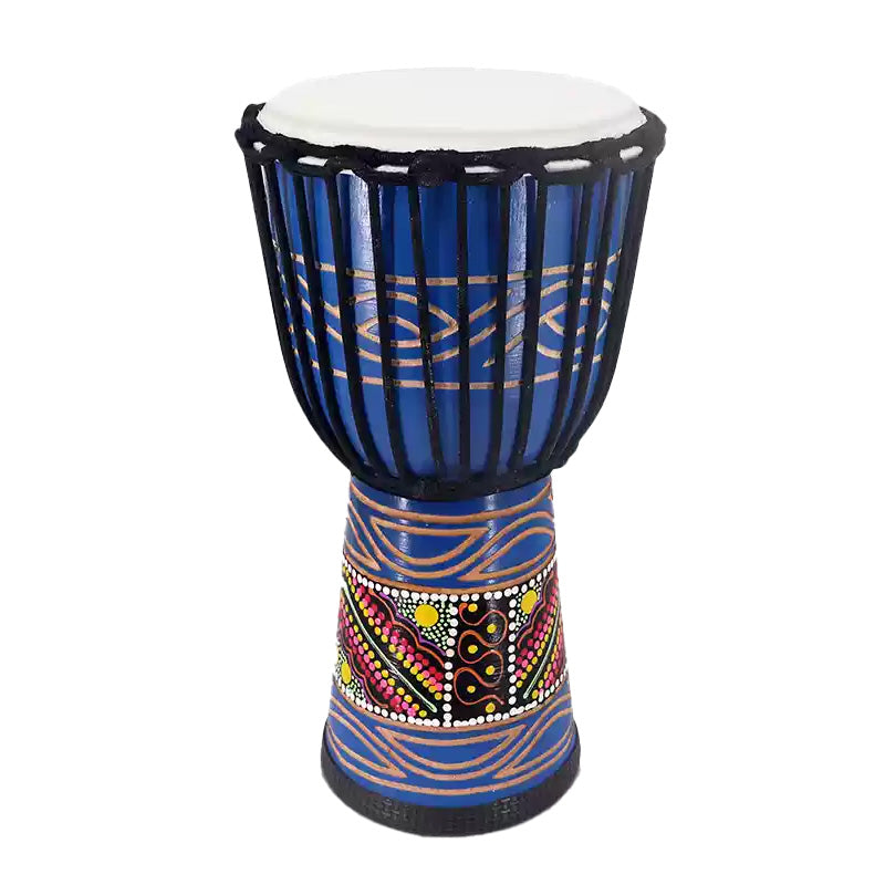 Colorfully painted djembe drum with blue, red, and geometric patterns on blue mahogany wood