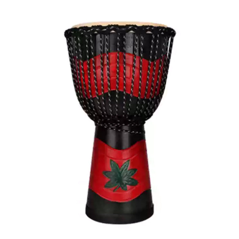 Red and black Djembe drum with cannabis leaf design on African Mahogany wood