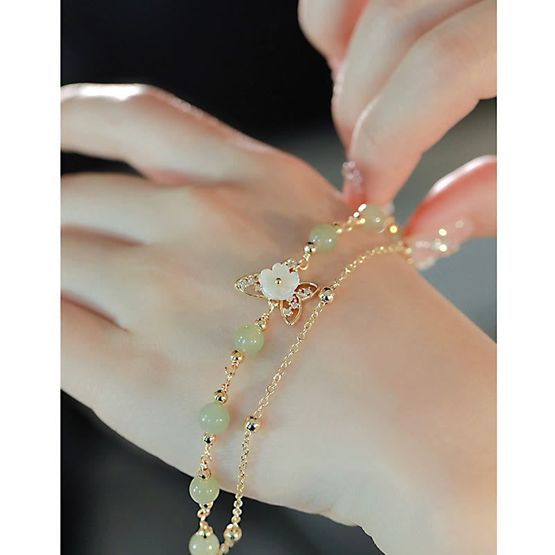 Doppellagiges 14 Karat vergoldetes Jade-Schmetterlings-Glücksarmband
