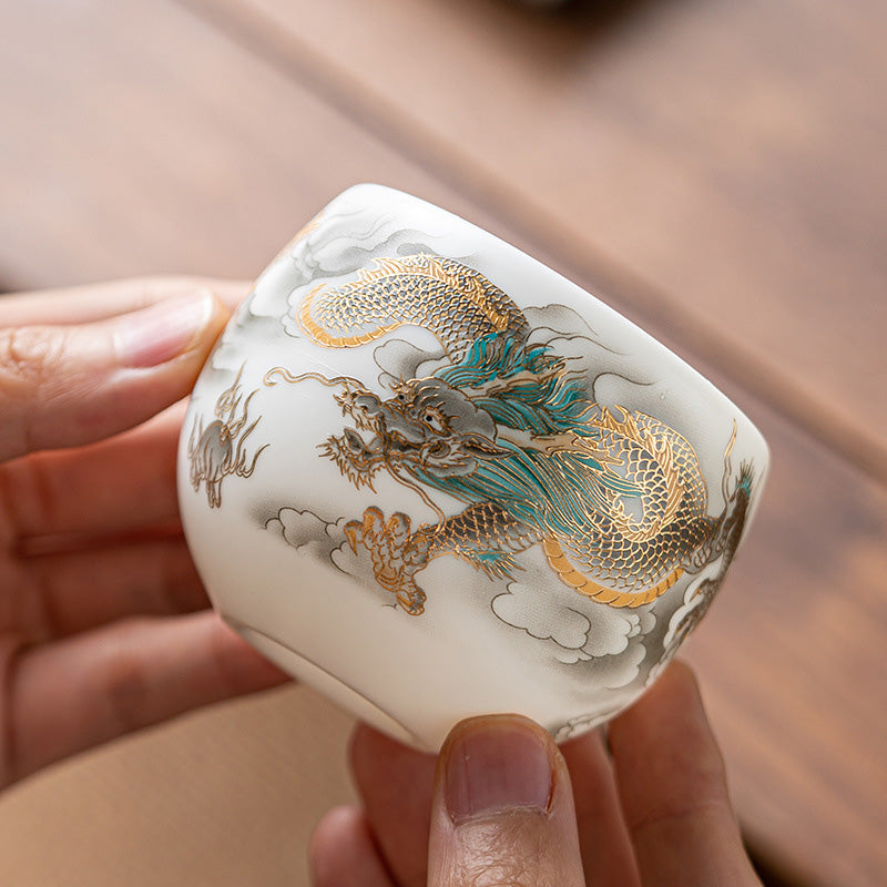 Keramik-Teetasse mit Drachen- und Phönixmotiv, 130 ml, Zen-Dekor, Geschenk