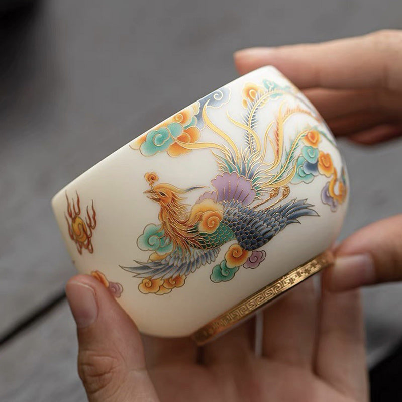 Keramik-Teetasse mit Drachen-Phönix und glückverheißenden Wolken | Zen-Dekor