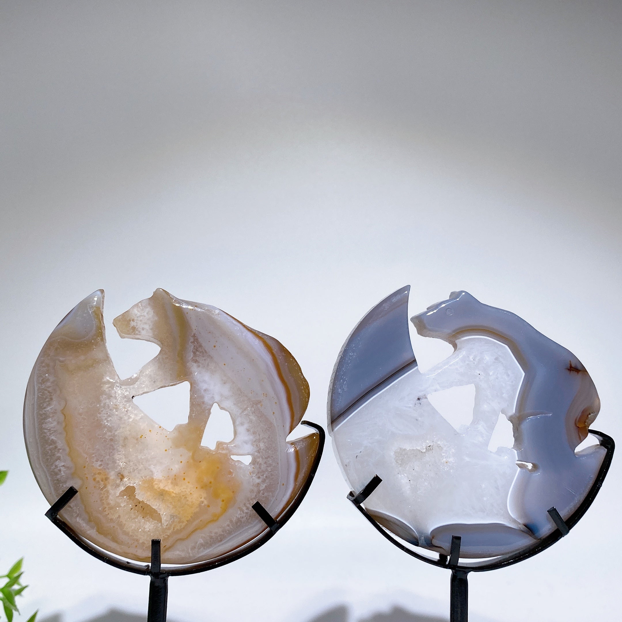 Druzy Achat Kristall Bär auf Mond Schnitzerei 3,2"