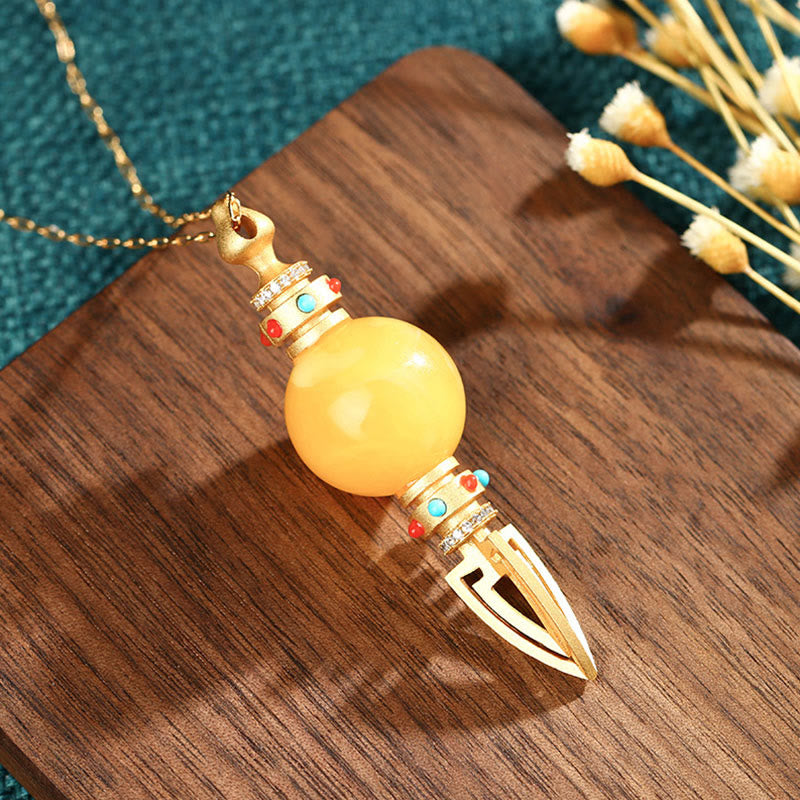 Amber Vajra 24K Gold Plated Spiritual Necklace Pendant