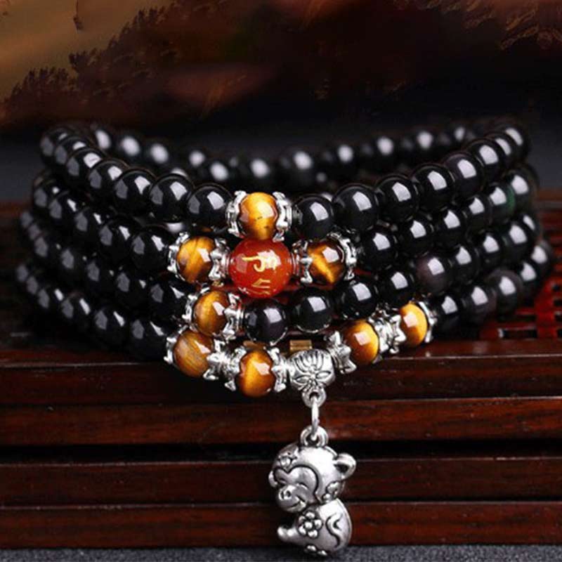 Armband mit 108 Perlen aus schwarzem Obsidian und Tigerauge, chinesisches Sternzeichen
