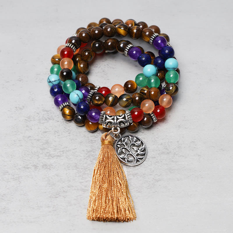 Unisex 108 Perlen Mala Halskette mit Amethyst & Tigerauge Heilperlen