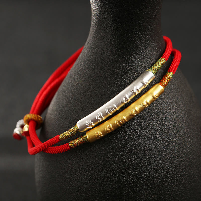 Om Mani Padme Hum Silver Lucky Red String Bracelet
