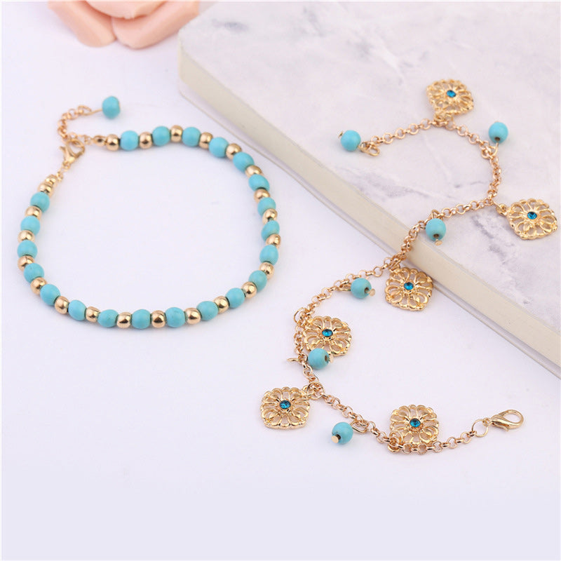 Turquoise Flower Protection Bracelet and Anklet Set