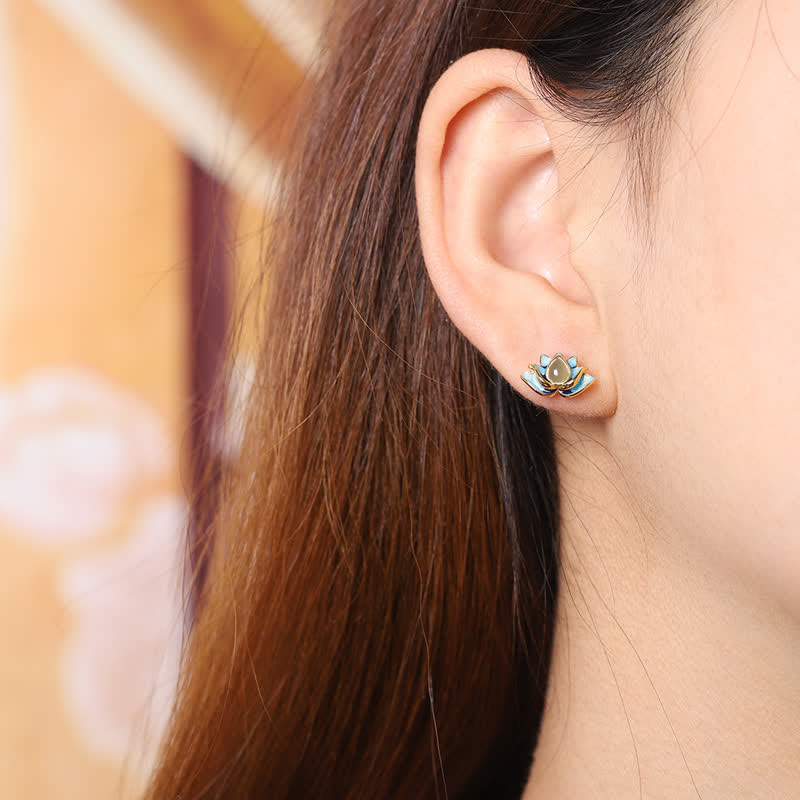 Sterling Silver Hetian Cyan Jade Lotus Flower Success Earrings