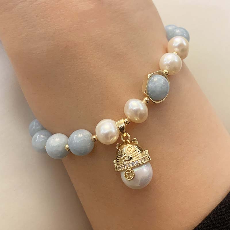 8mm Aquamarine Pearl Peace Healing Charm Bracelet