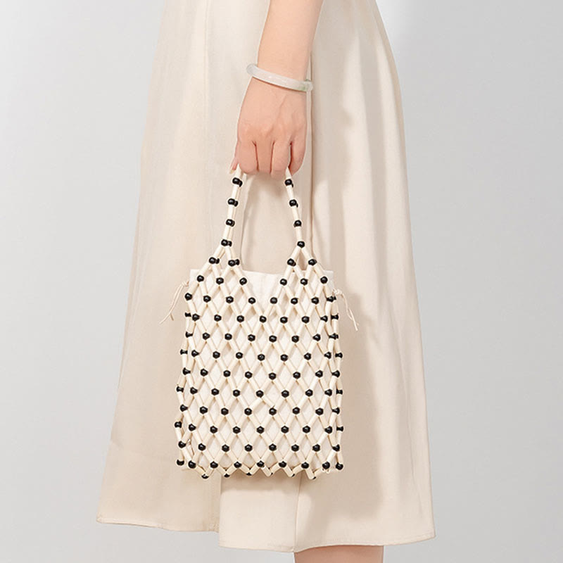 Handgewebte Netztasche mit hohlen Holzperlen | Spiritueller Schmuck