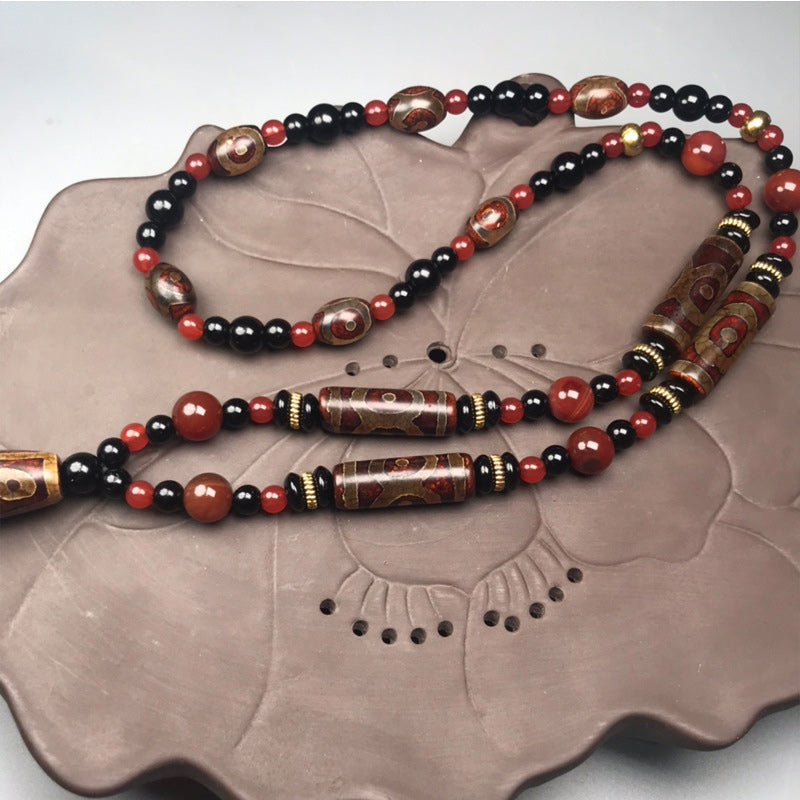 Nine-Eye Dzi Bead Red Agate 9x12mm Wealth Necklace