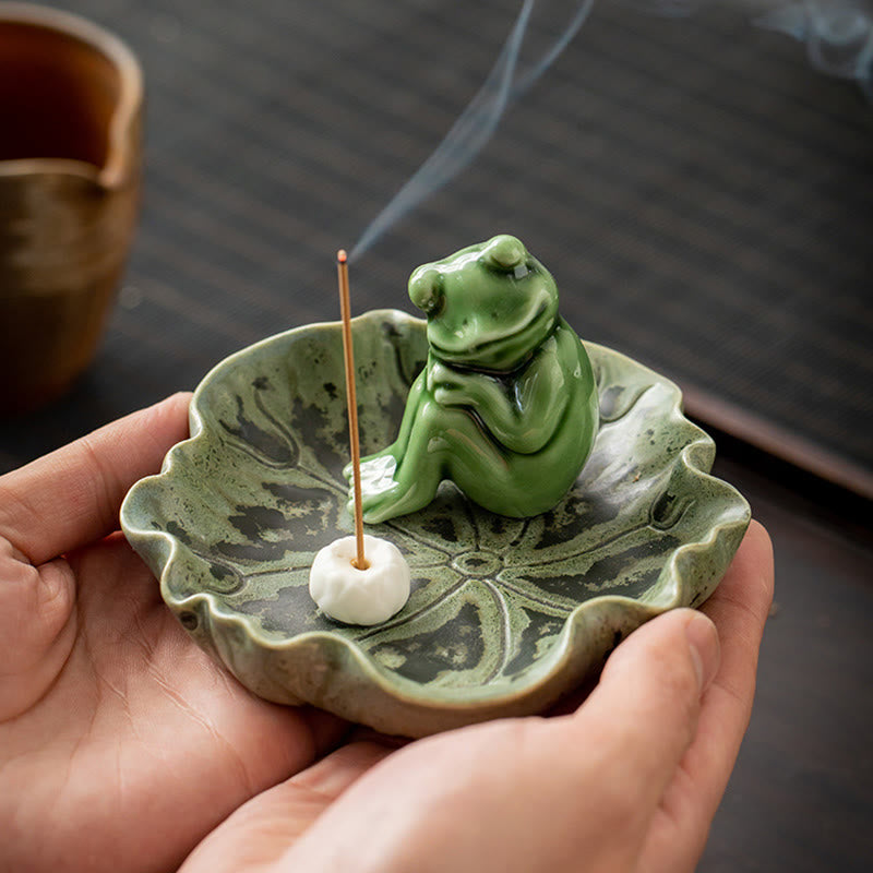 Ceramic Incense Burner | Lotus Leaf Meditation Frog 11cm