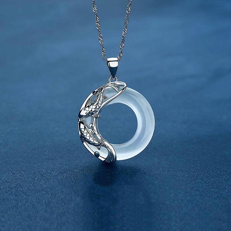 Unisex 40cm White Jade Koi Fish Lucky Necklace