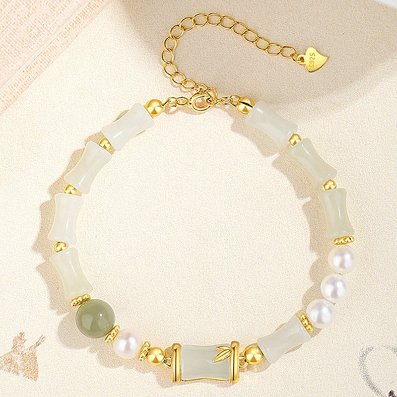 Hetian White Jade Armband | Sterling Silber Bambus Glückssegen