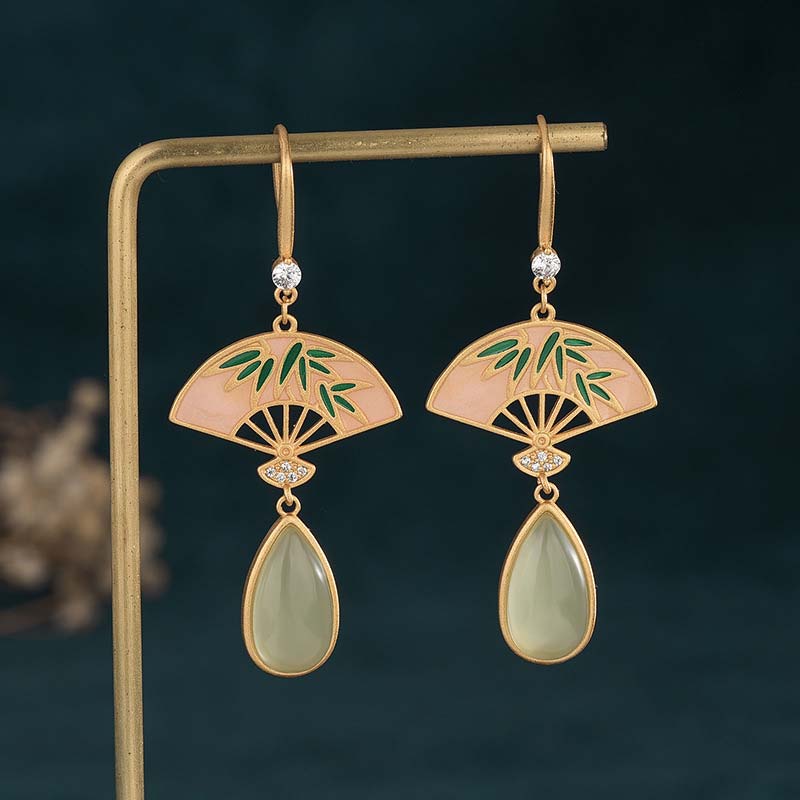 Green Aventurine Luck Drop Earrings | Fan Pattern Design