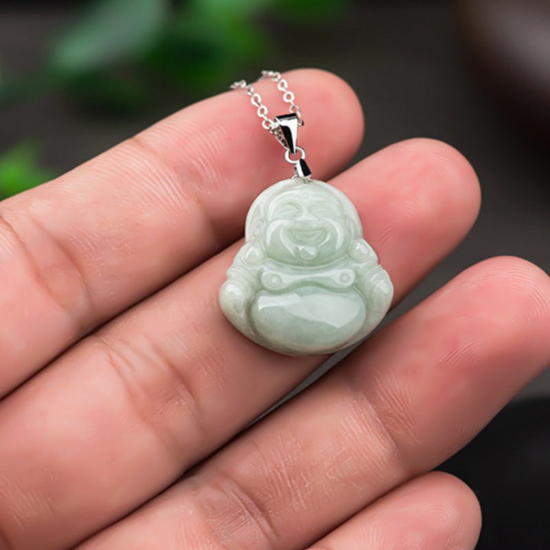 Halskette „Lachender Buddha“ aus 925er Sterlingsilber mit Jade für Wohlstand