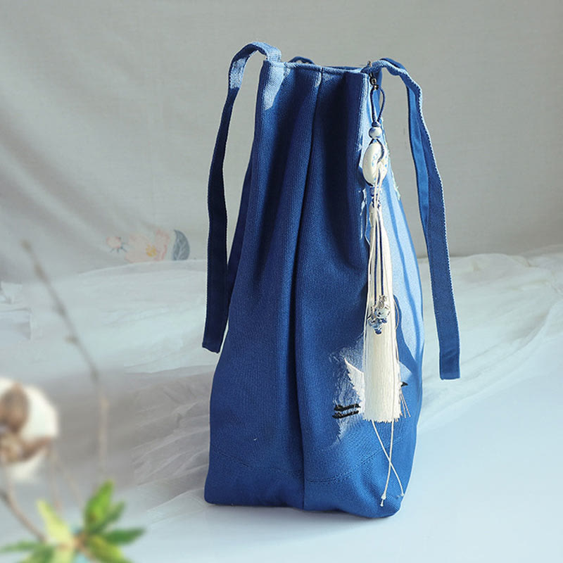 Canvas-Tragetasche mit Blumenkranich- und Pflaumenblüten-Stickerei