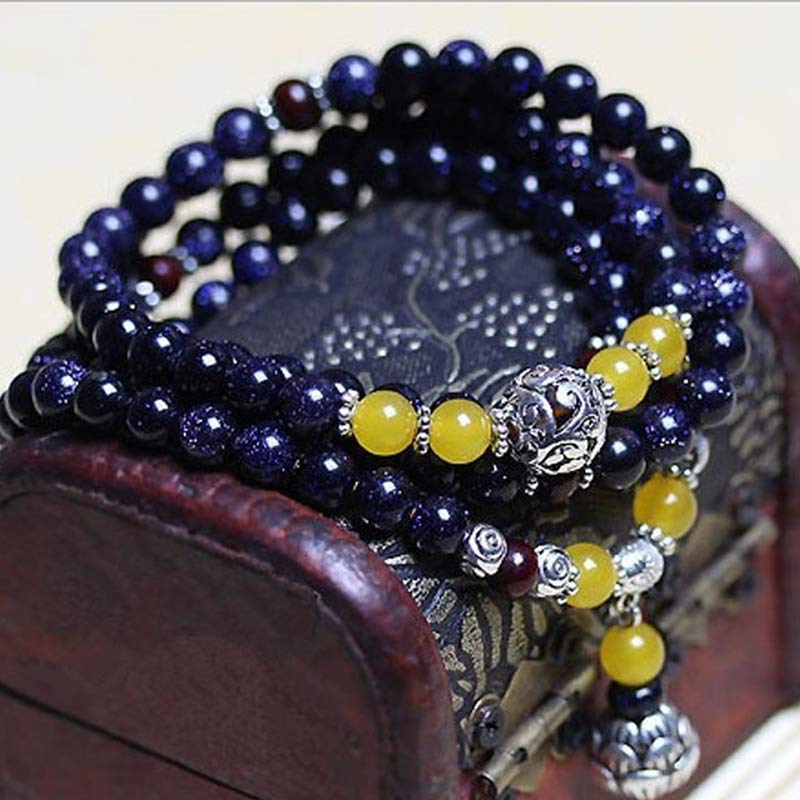 6mm Blue Sandstone Wealth Charm Mala Beads Bracelet