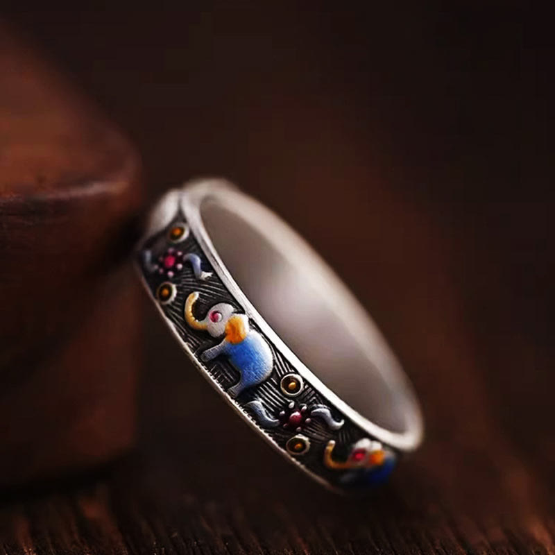 Colorful Elephant Strength Adjustable Ring in Copper Silver