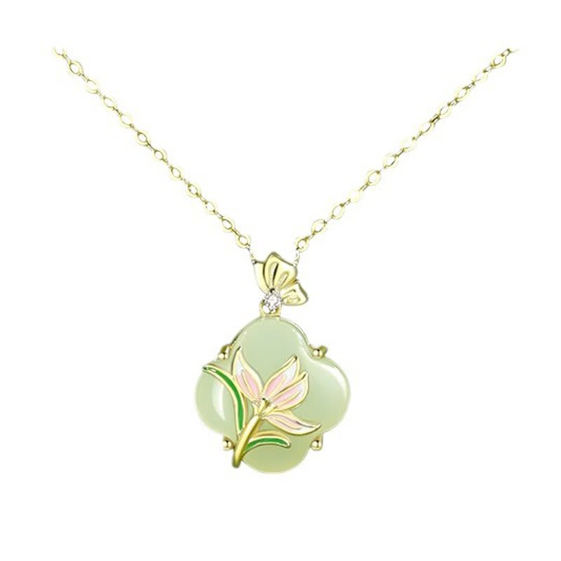 Elegante Hetian Jade Schmetterling Blume Halskette & Ohrringe