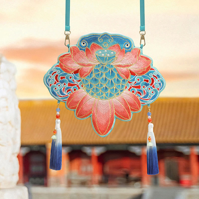 Bestickte Lotus Koi Fisch Kaninchen Hanfu Umhängetasche