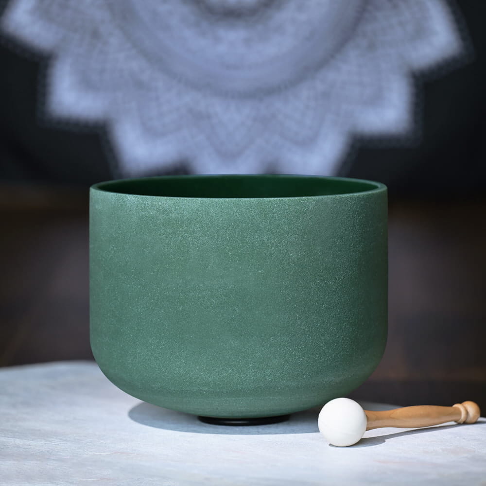Matte green ceramic F Note Emerald Gemstone Fusion Crystal Singing Bowl with mallet