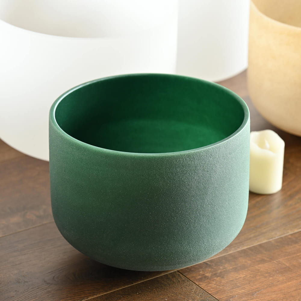 Matte green ceramic bowl with cylindrical shape in F Note Emerald Gemstone Fusion Crystal Singing Bowl