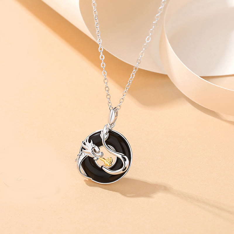 925 Sterling Silver Dragon Pendant with Black Onyx & Chalcedony for Protection & Harmony