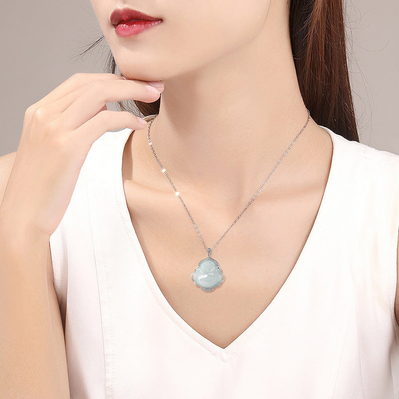 Jade-Halskette aus 925er Sterlingsilber | Lachender Buddha-Überfluss