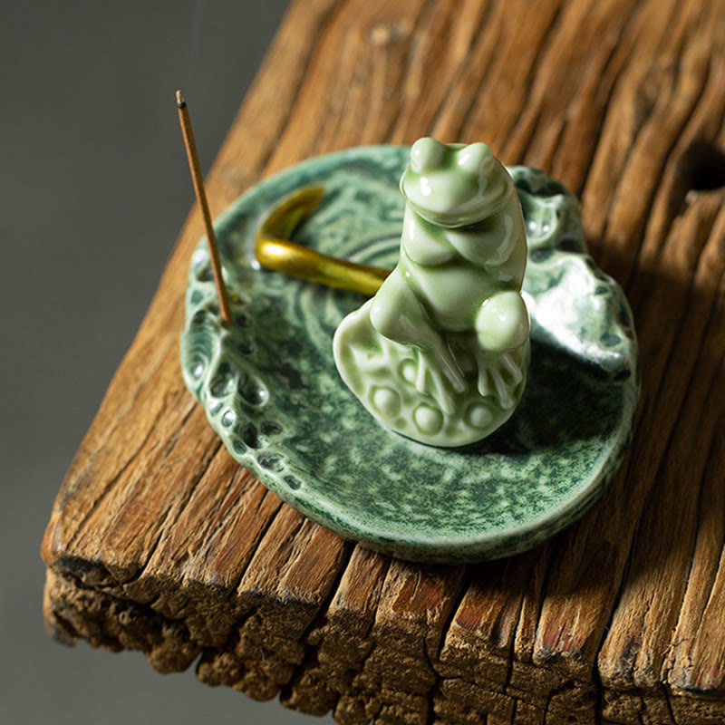 Ceramic Incense Burner | Lotus Leaf Meditation Frog 11cm