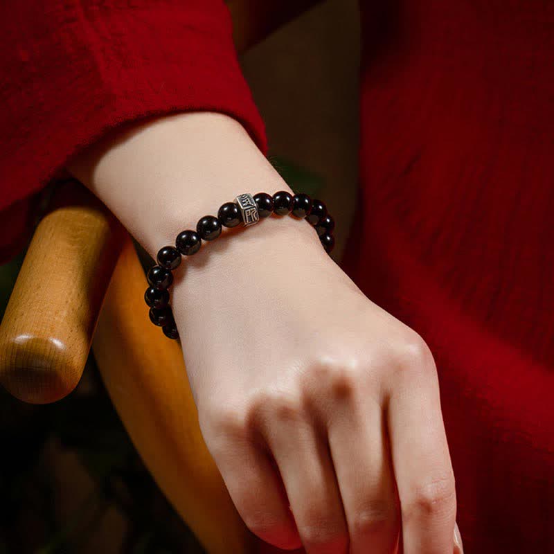 Unisex-Stärkearmband mit chinesischem Sternzeichen, 8 mm, aus Obsidian und Mondstein