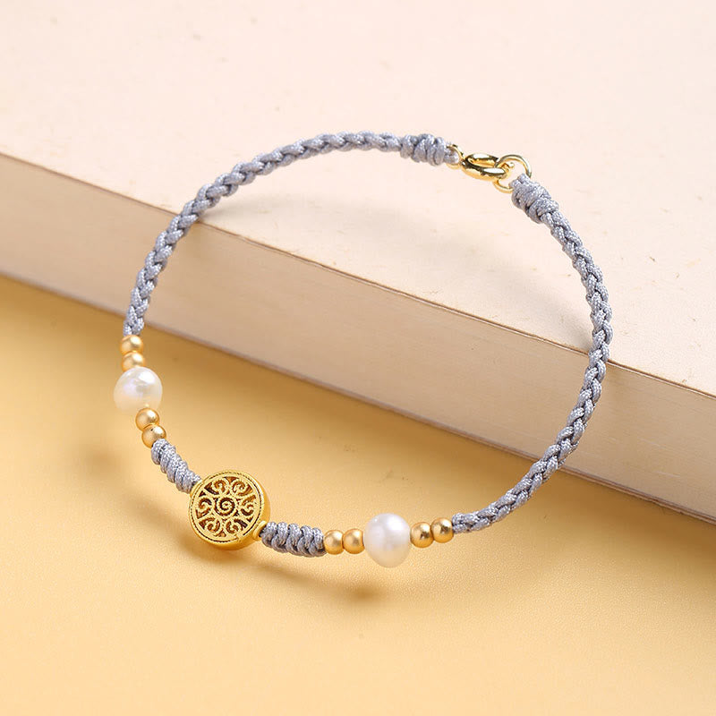 Copper Coin Tree of Life Bracelet with Pearl and Blue Rope