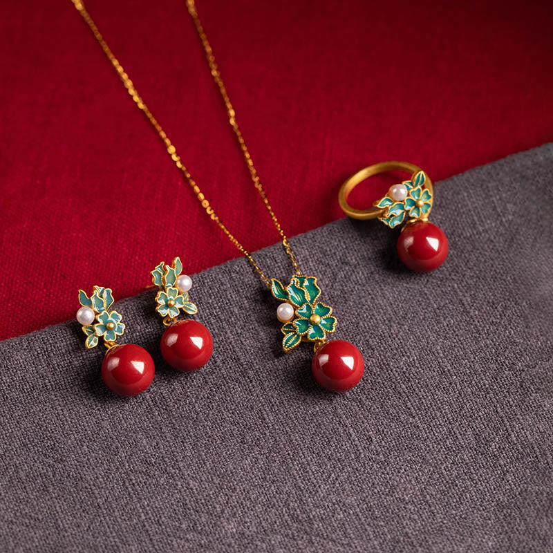 925 Sterling Silver Gold Cinnabar Pearl Blessing Necklace Set