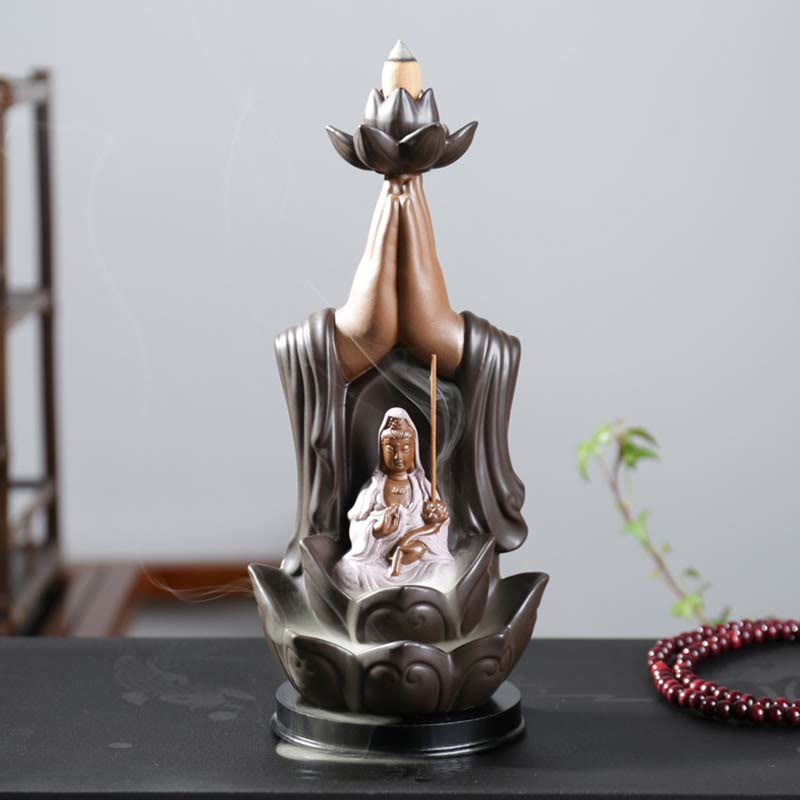 Ceramic Lotus Blessing Backflow Incense Burner with Buddha Deities