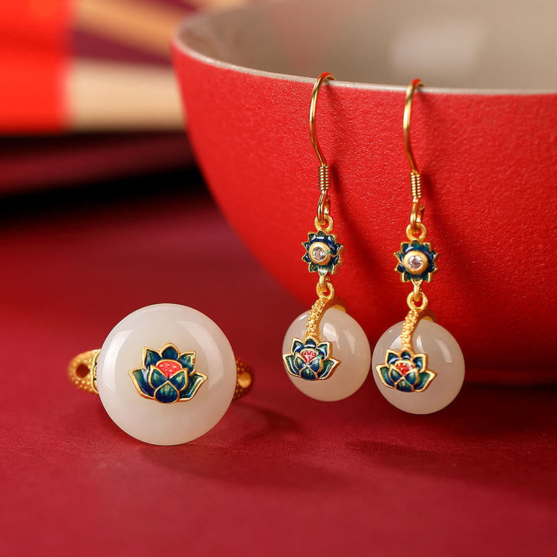 Hetian Jade Lotus Ring & Earrings Set | Gold Silver Spiritual Luck