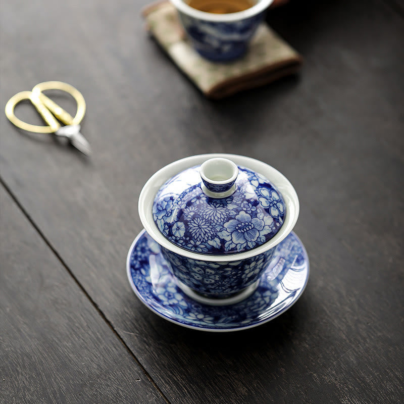 Vintage Blau Weiß Porzellan Gaiwan Teetasse Set 150ml Meditation
