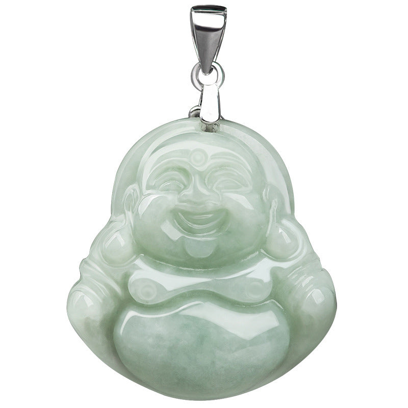 Halskette „Lachender Buddha“ aus 925er Sterlingsilber mit Jade für Wohlstand