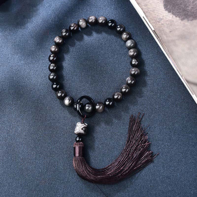 12 mm Silberglanz Obsidian Löwe Meditations-Mala für das Handgelenk