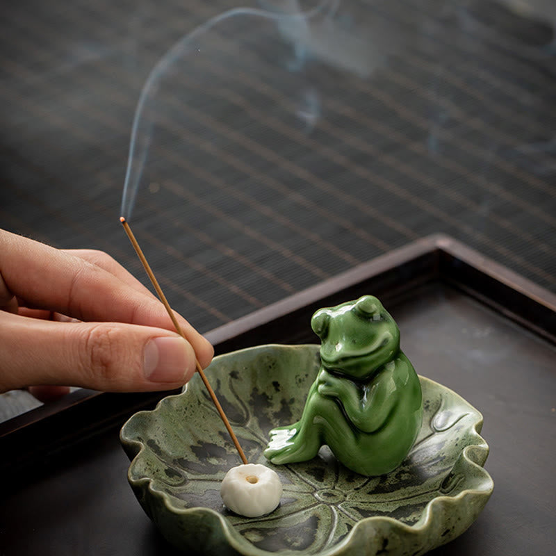 Ceramic Incense Burner | Lotus Leaf Meditation Frog 11cm