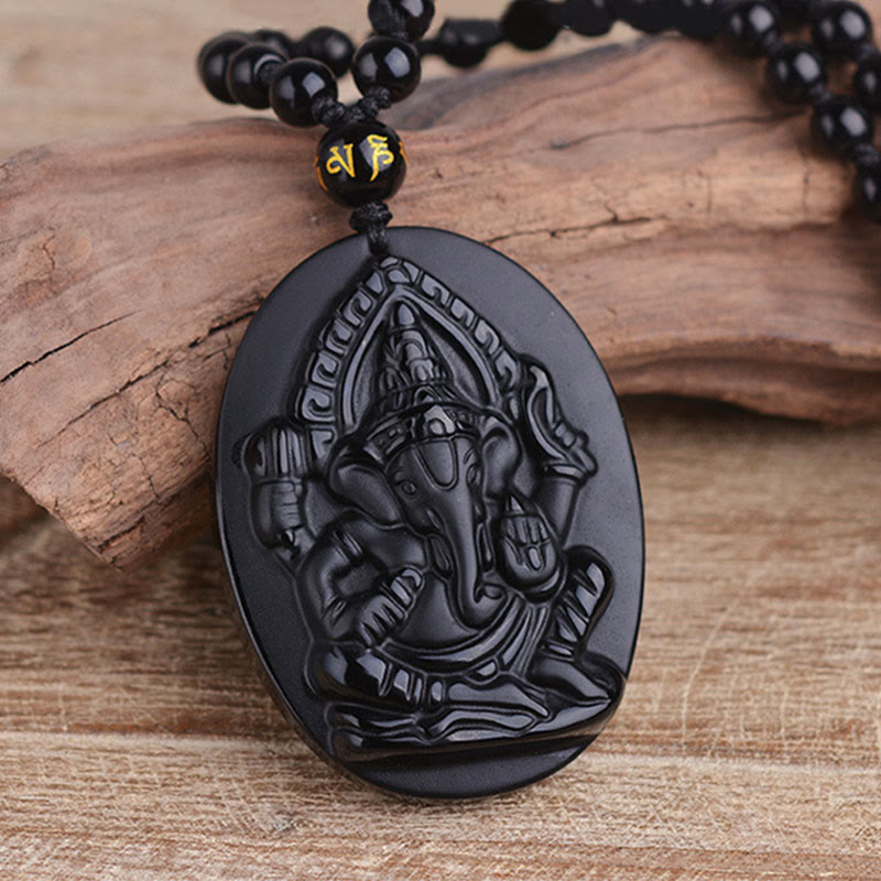 Obsidian Ganesh Elephant Wealth Amulet Necklace 56cm