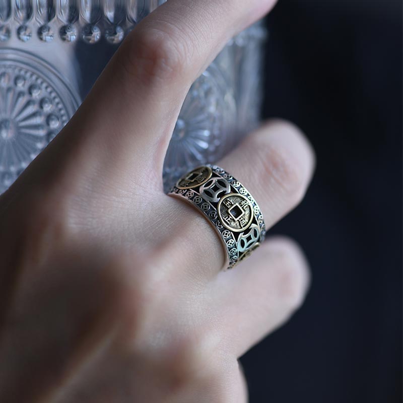 Verstellbarer spiritueller Ring mit fünf Kaisermünzen | Schutz & Gleichgewicht
