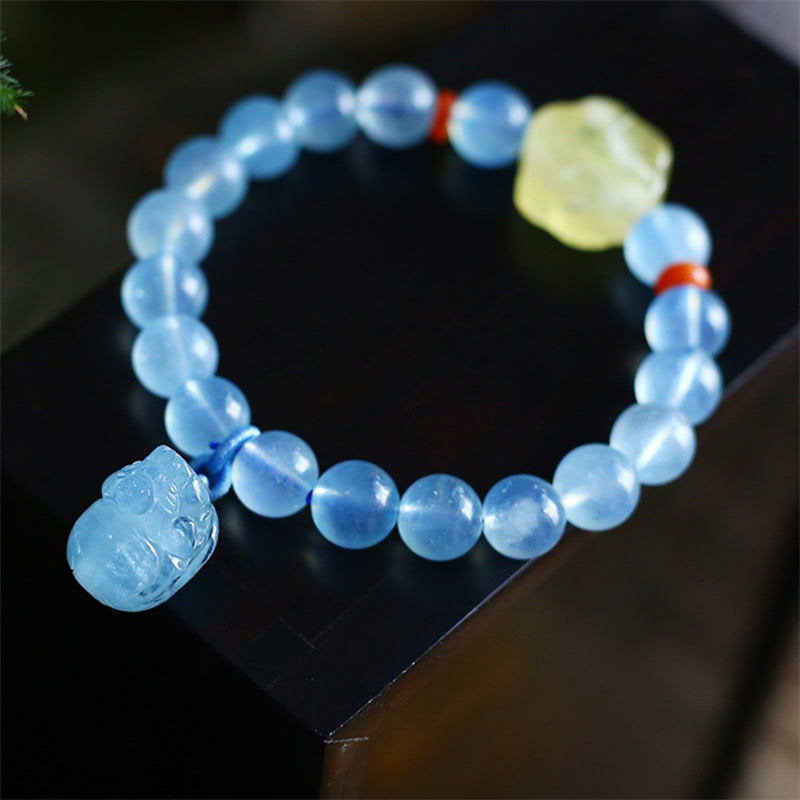 9mm Aquamarine Amber Pixiu Peace Healing Bracelet